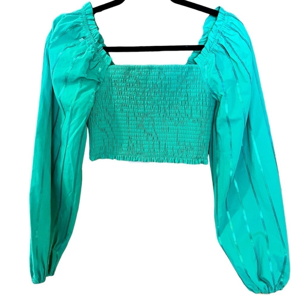 Mainstrip Sequin Smoking Crop Top, Size M, Green, Shirred Top, Long Slee… - Picture 2 of 10